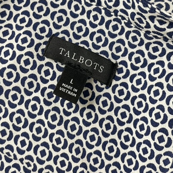 Talbots Blouse Size Large Button Down Top Shirt Geometric Print Rayon Blue White - Picture 2 of 6